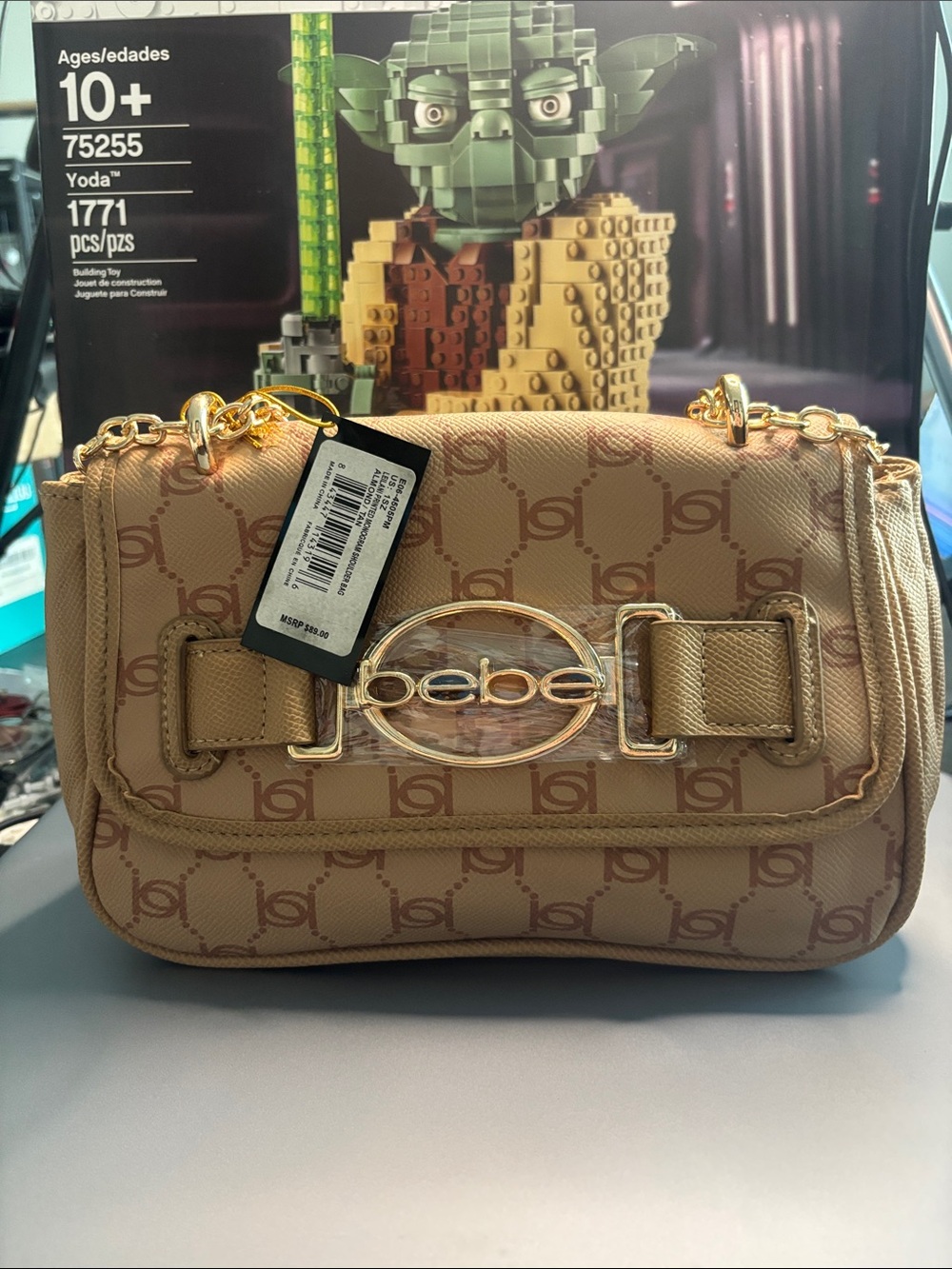 bebe Tan Logo Quilted Chain Shoulder Bag with Gold Hardware